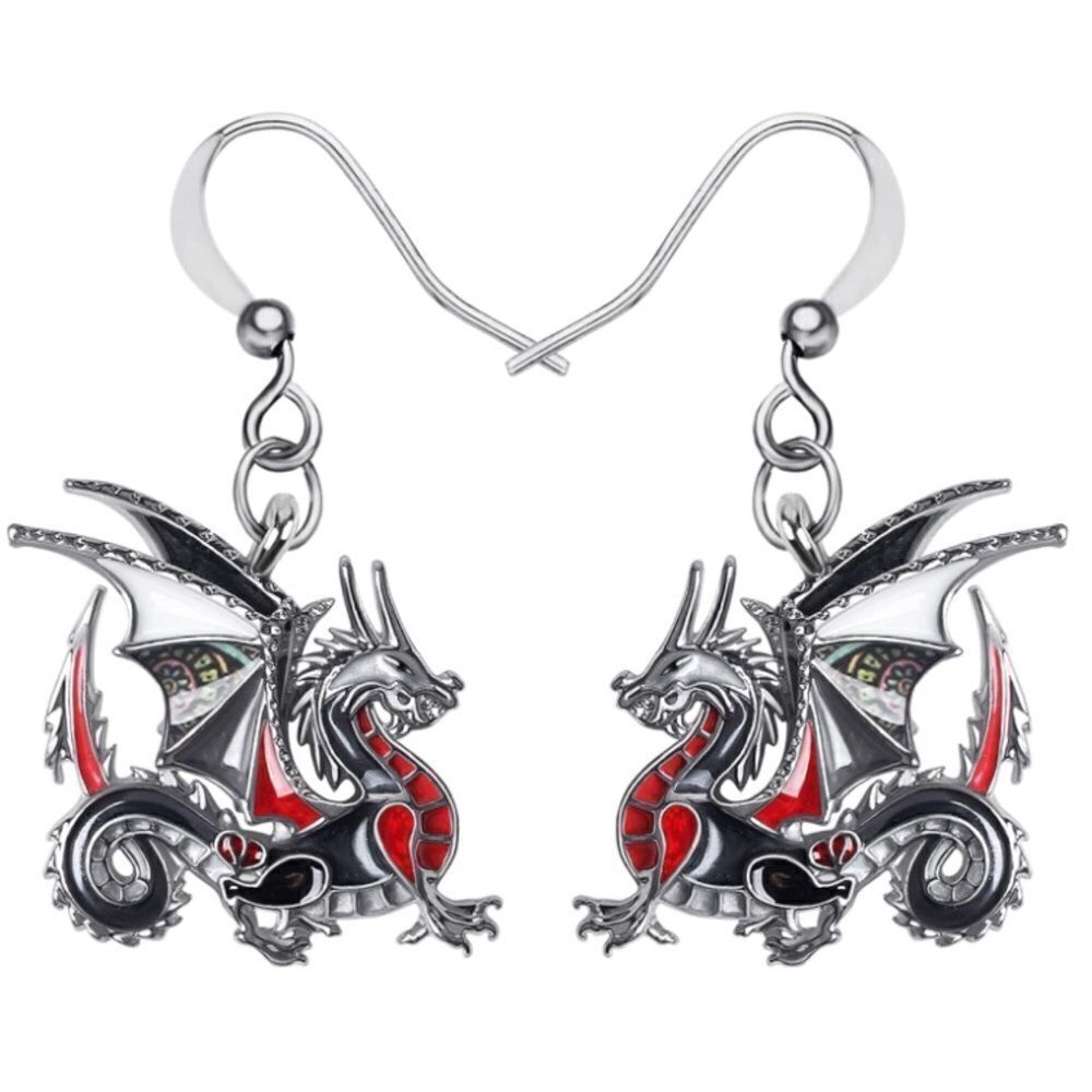 Silver and Multicolor Enamel Mythical Dragon Dangling French Wire Hook Earrings